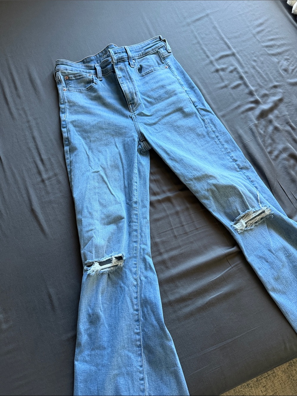 American Eagle Outfitters Light Blue Ripped Super High Rise Flare Jeans